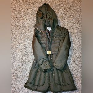 -Olive green parka, with waited belt.- Size Medium